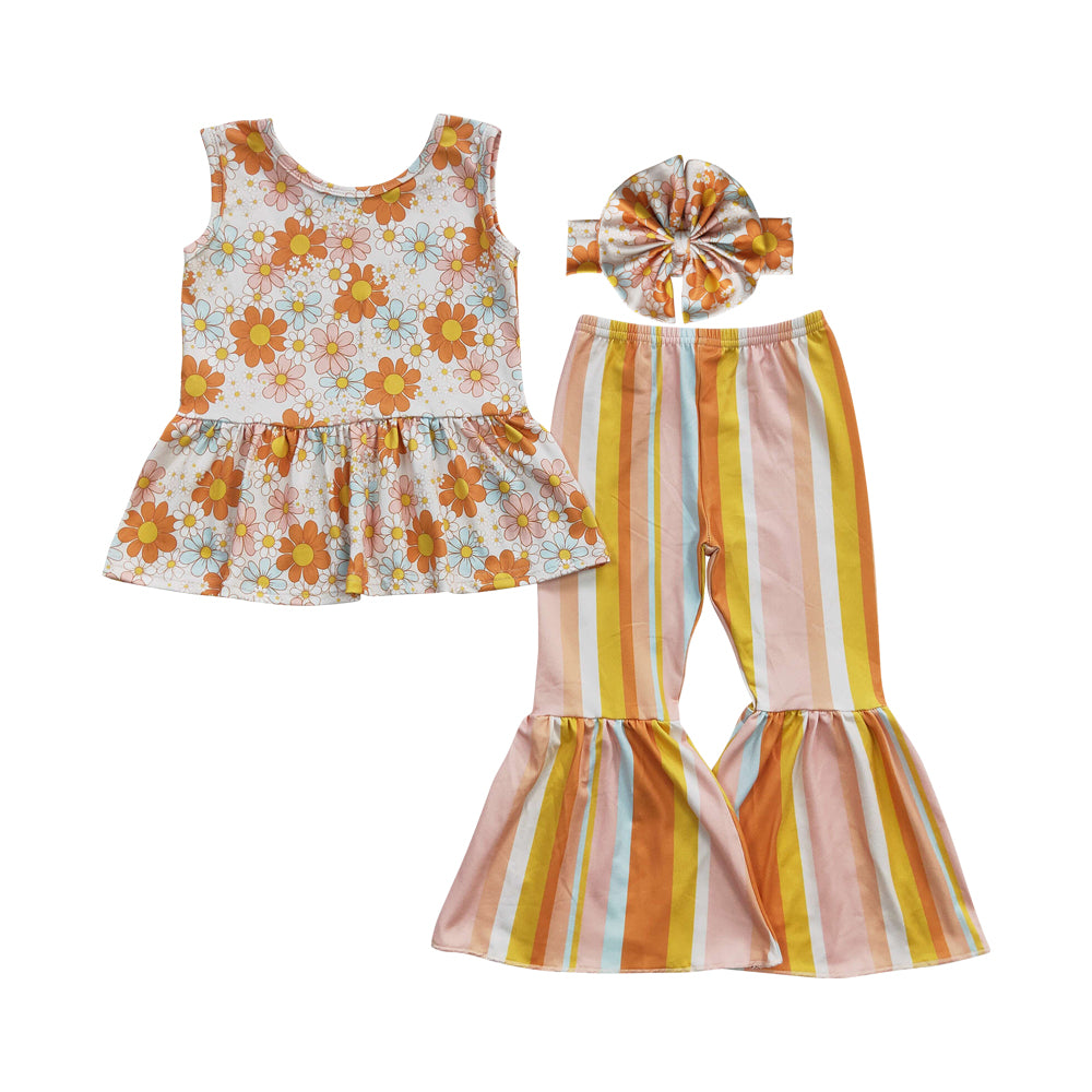 Baby Girls Sunflower Stripe Bell Pants Clothes Sets（can choose headband here）