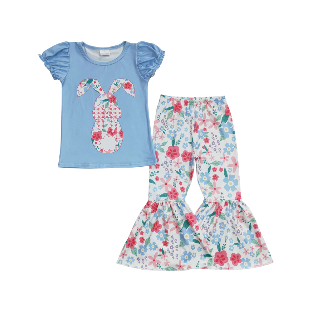 Baby Girls Easter Rabbit Floral Bell Bottom Pants Clothes Sets