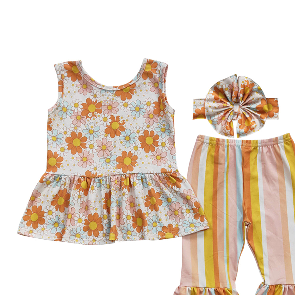 Baby Girls Sunflower Stripe Bell Pants Clothes Sets（can choose headband here）