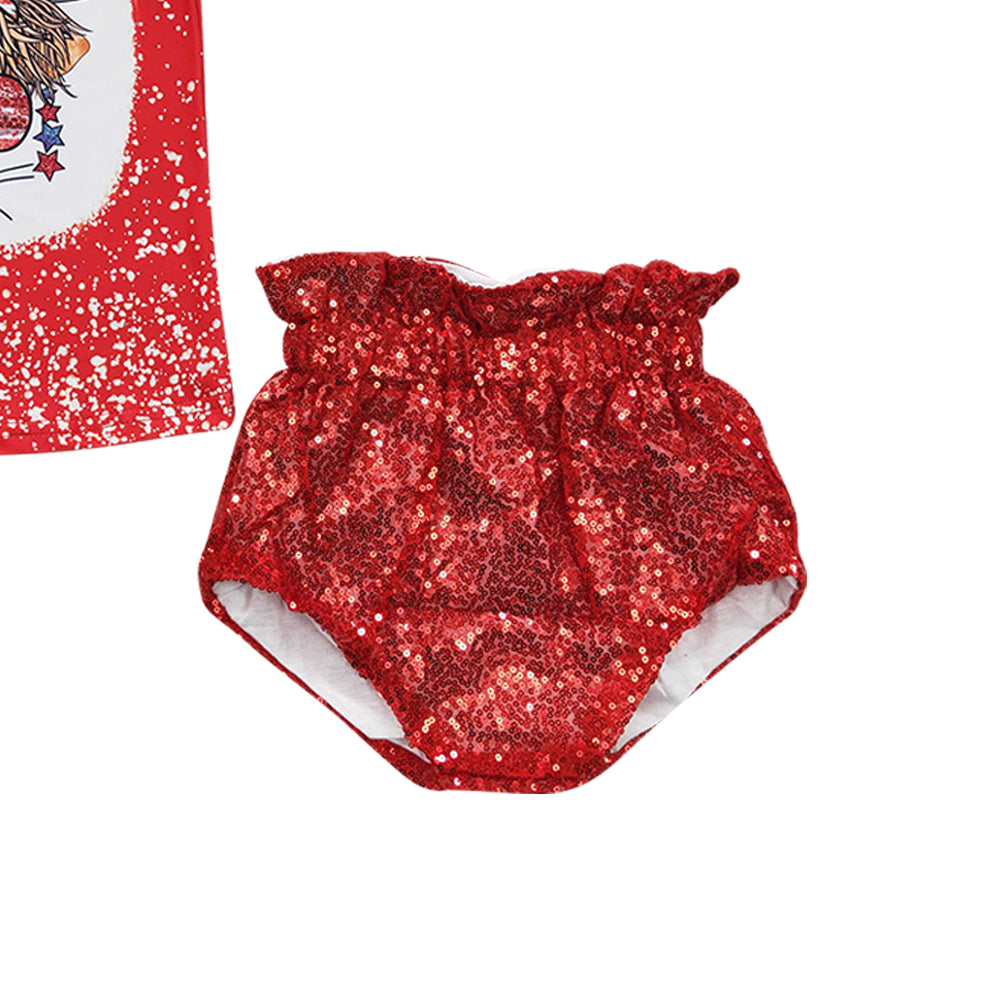 Baby Girls Western 4th Of July Cow Red Sequin Bummie Clothes Sets
