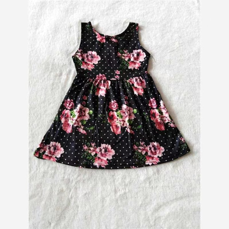 Black dots floral sleeveless baby girls dresses