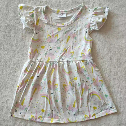 Baby girls Flutter sleeve unicorn pearl dresses