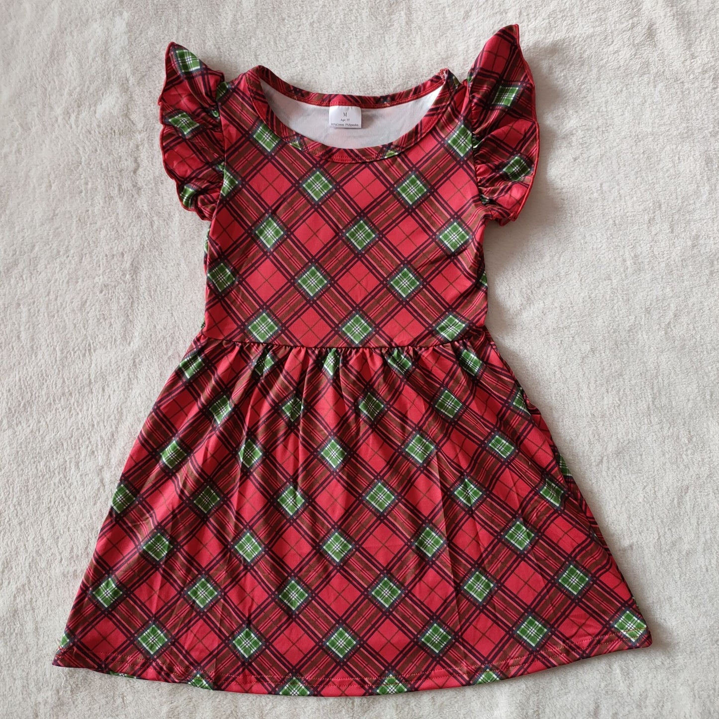 kids baby red green plaid pearl dresses