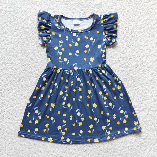 Baby girls navy yellow floral pearl dresses