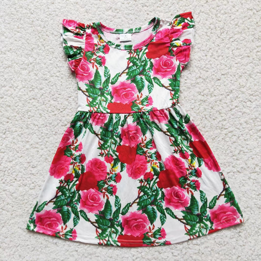 Baby girls red green flower pearl dresses