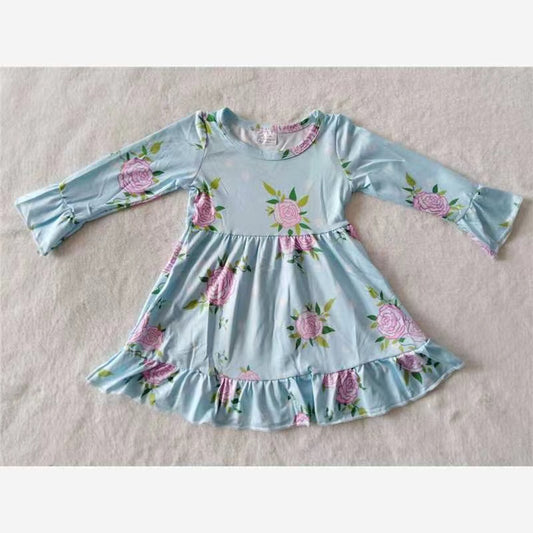 Baby girls blue floral long sleeve ruffle dresses