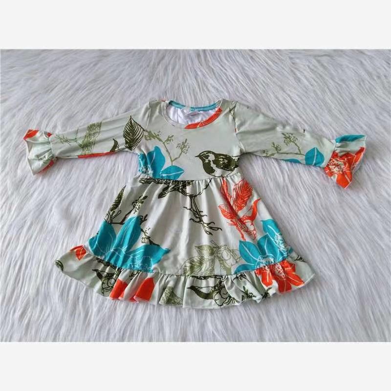 Baby girls blue bird ruffle long sleeve dresses