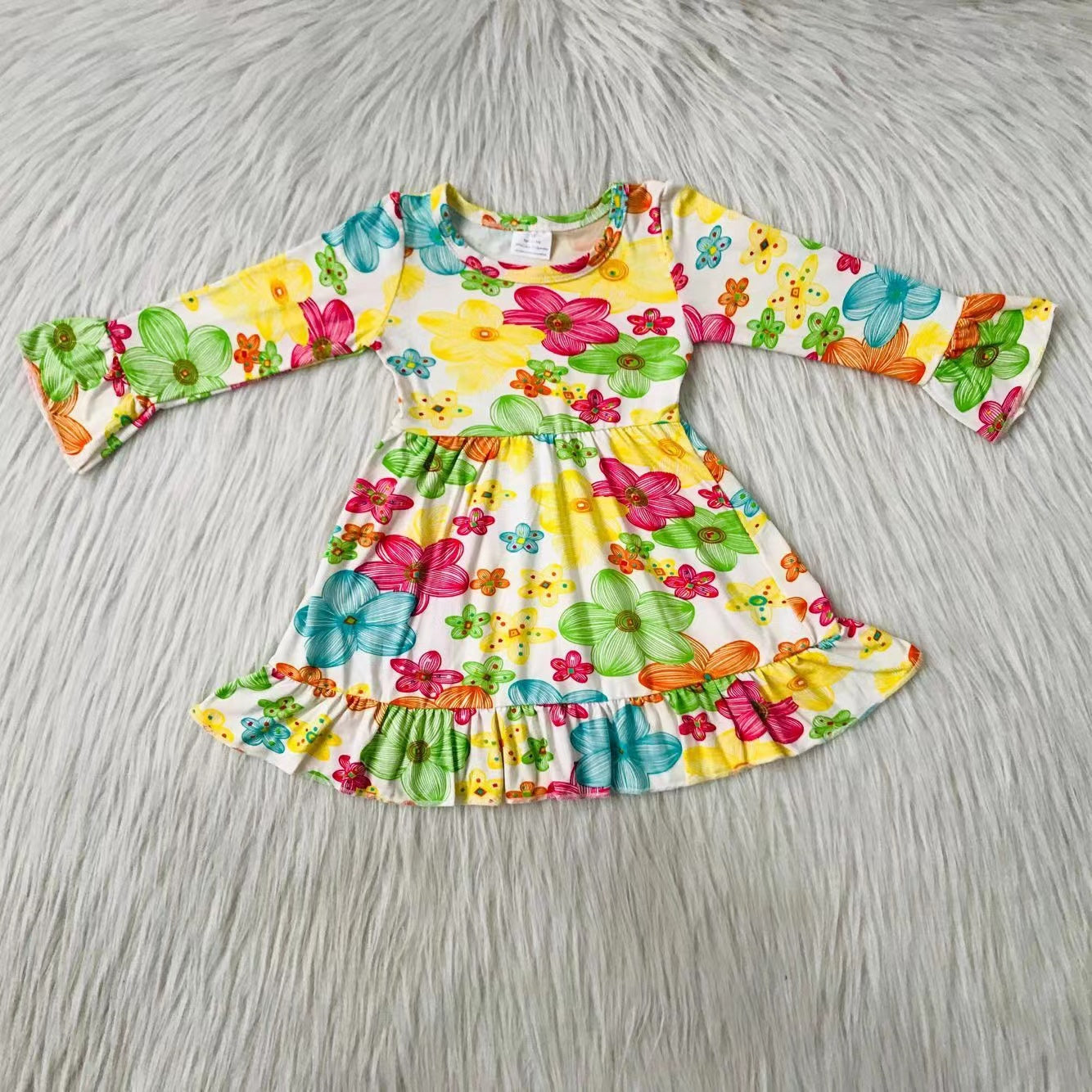 Baby girls yellow flowers ruffle long sleeve dresses