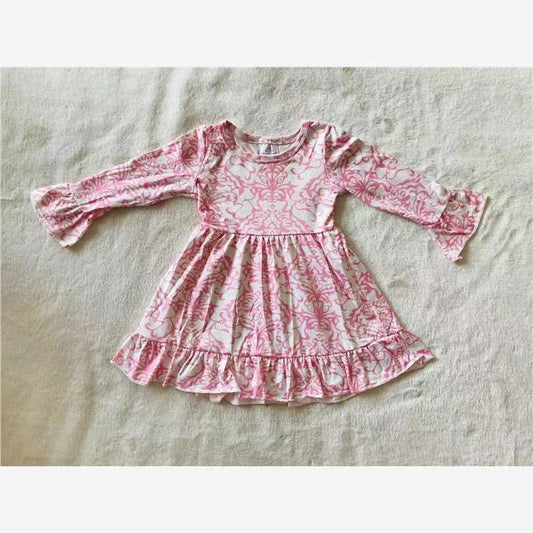 Baby girls pink flowers ruffle long sleeve dresses