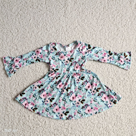 Baby girls blue pink flower long sleeve ruffle dresses