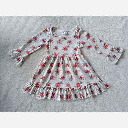 Baby girls pink leaves ruffle long sleeve dresses