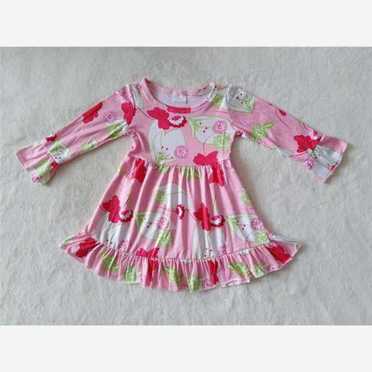 Baby girls pink flower ruffle long sleeve dresses
