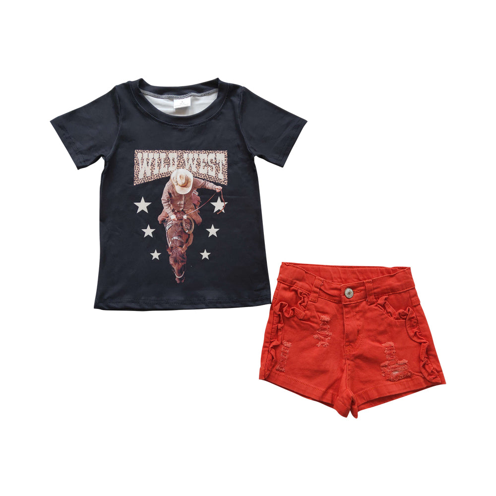 Baby Girls Black Wild West Shirts Denim Shorts clothes sets