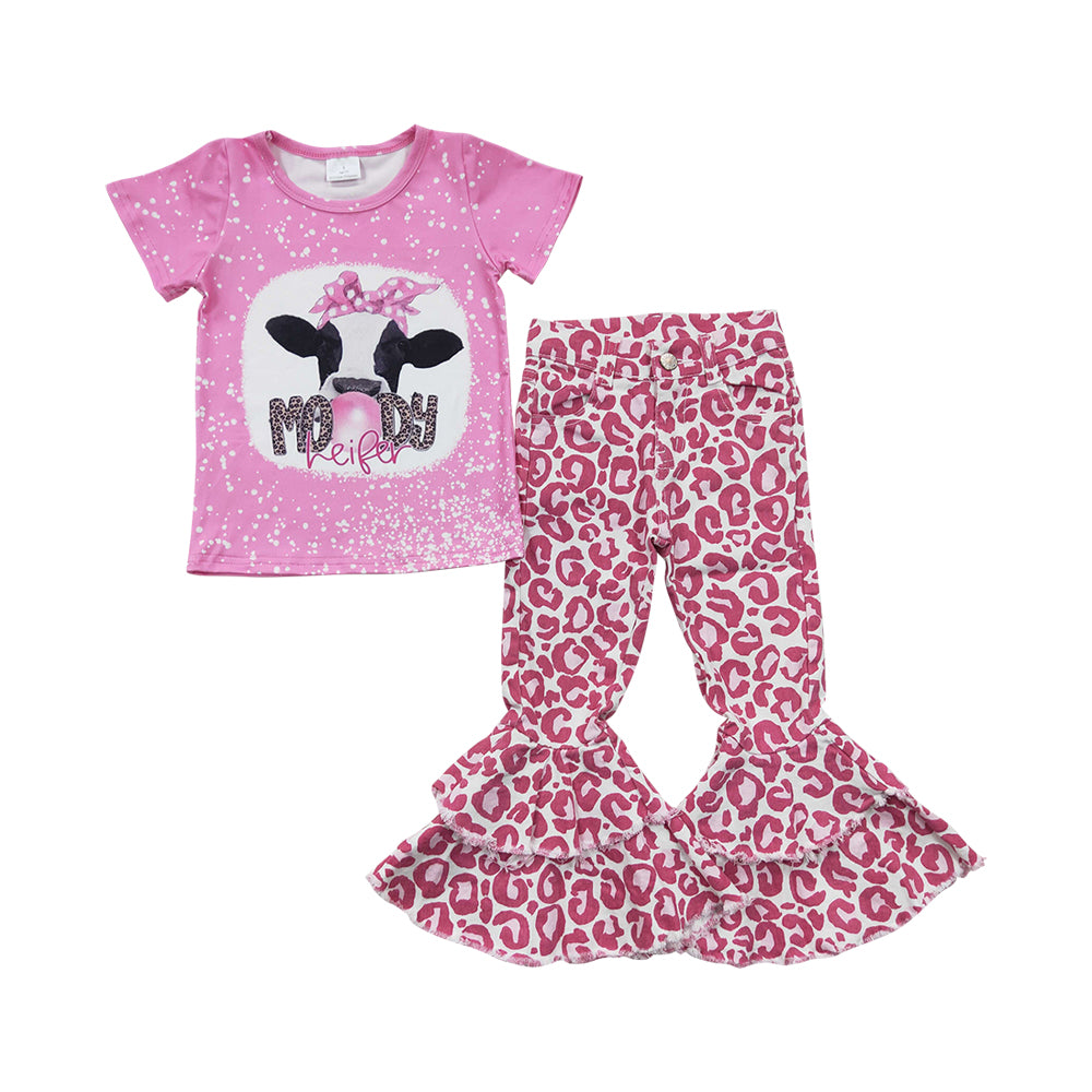 Baby Girls Moody Pink Leopard Bell Denim Pants Clothes Sets