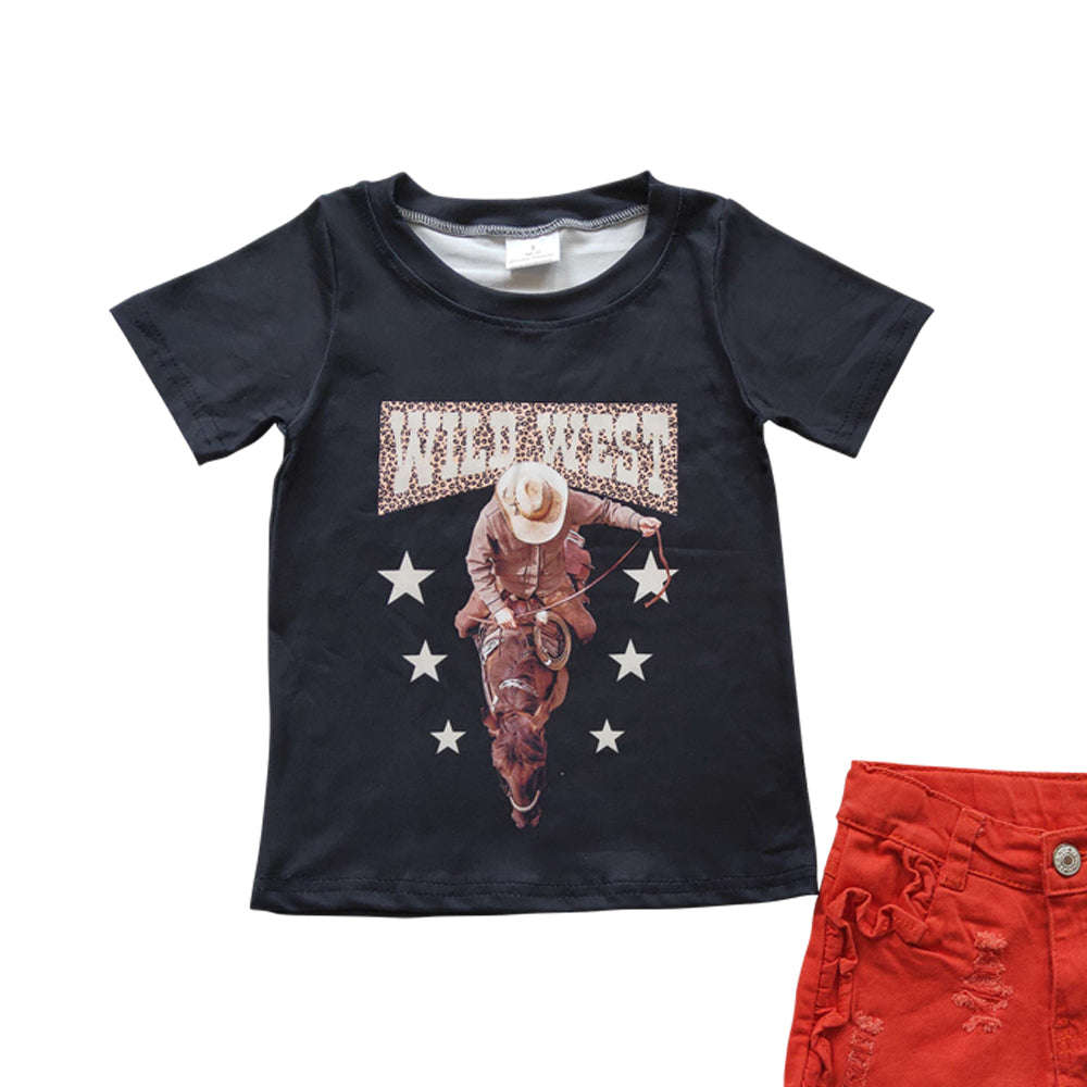 Baby Girls Black Wild West Shirts Denim Shorts clothes sets