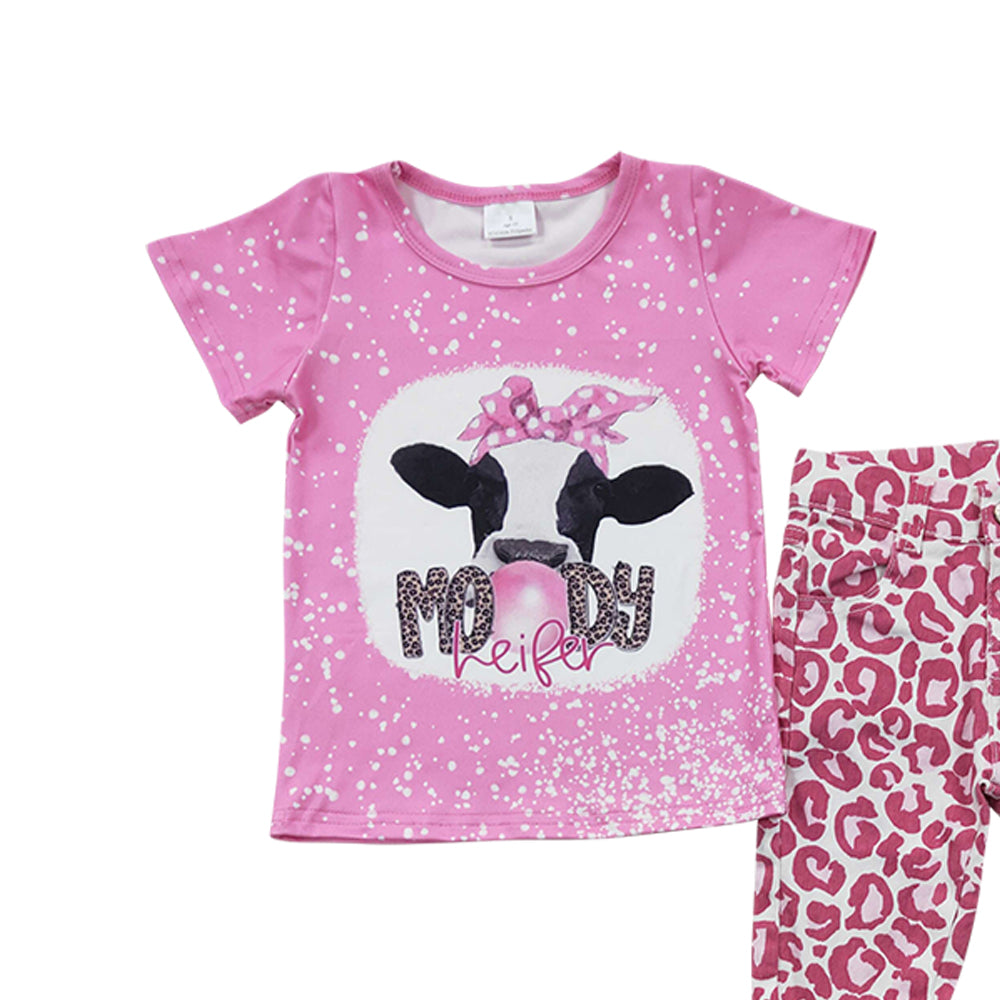 Baby Girls Moody Pink Leopard Bell Denim Pants Clothes Sets