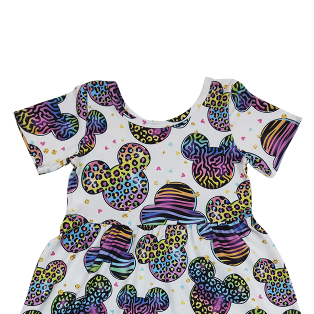 Baby Girls Colorful Cartoon Short Sleeve Knee Length Dresses