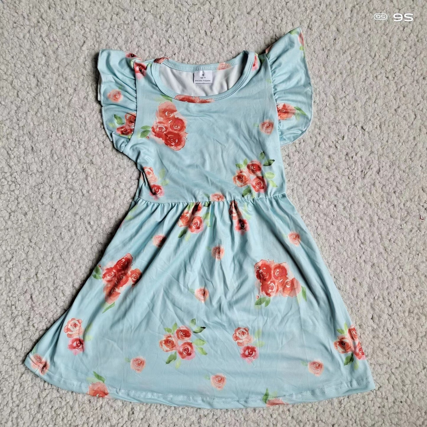 Baby girls light blue floral pearl dresses