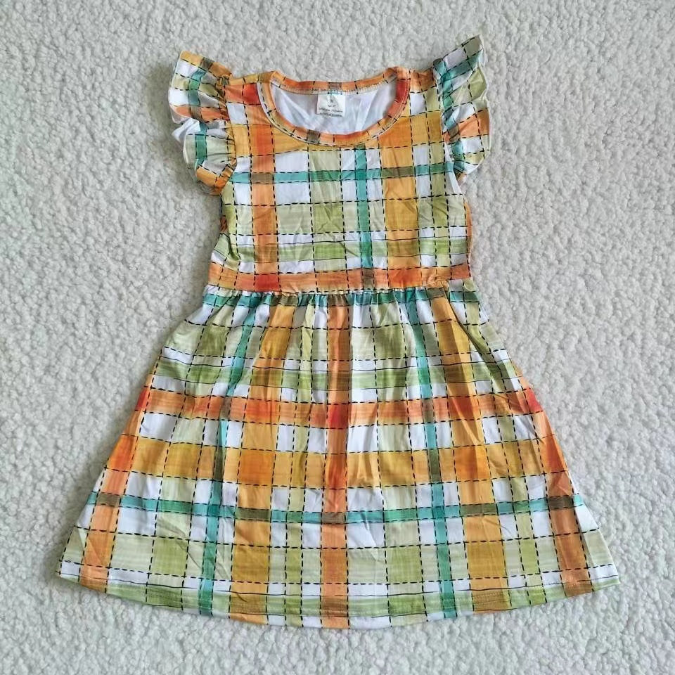 Baby girls orange green plaid pearl dresses