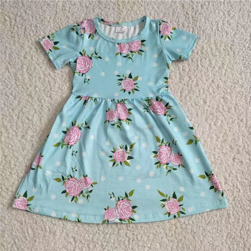 Baby girls blue pink floral short sleeve dresses