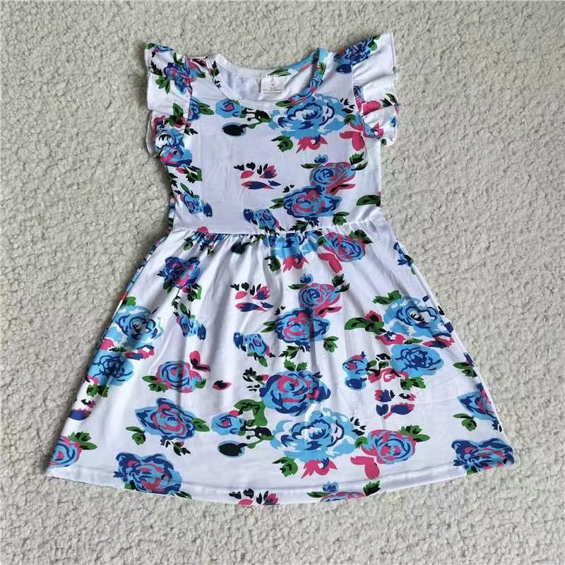 Baby girls white blue floral pearl dresses