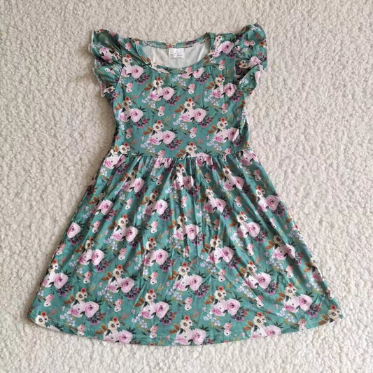 Baby girls dark green pink floral pearl dresses