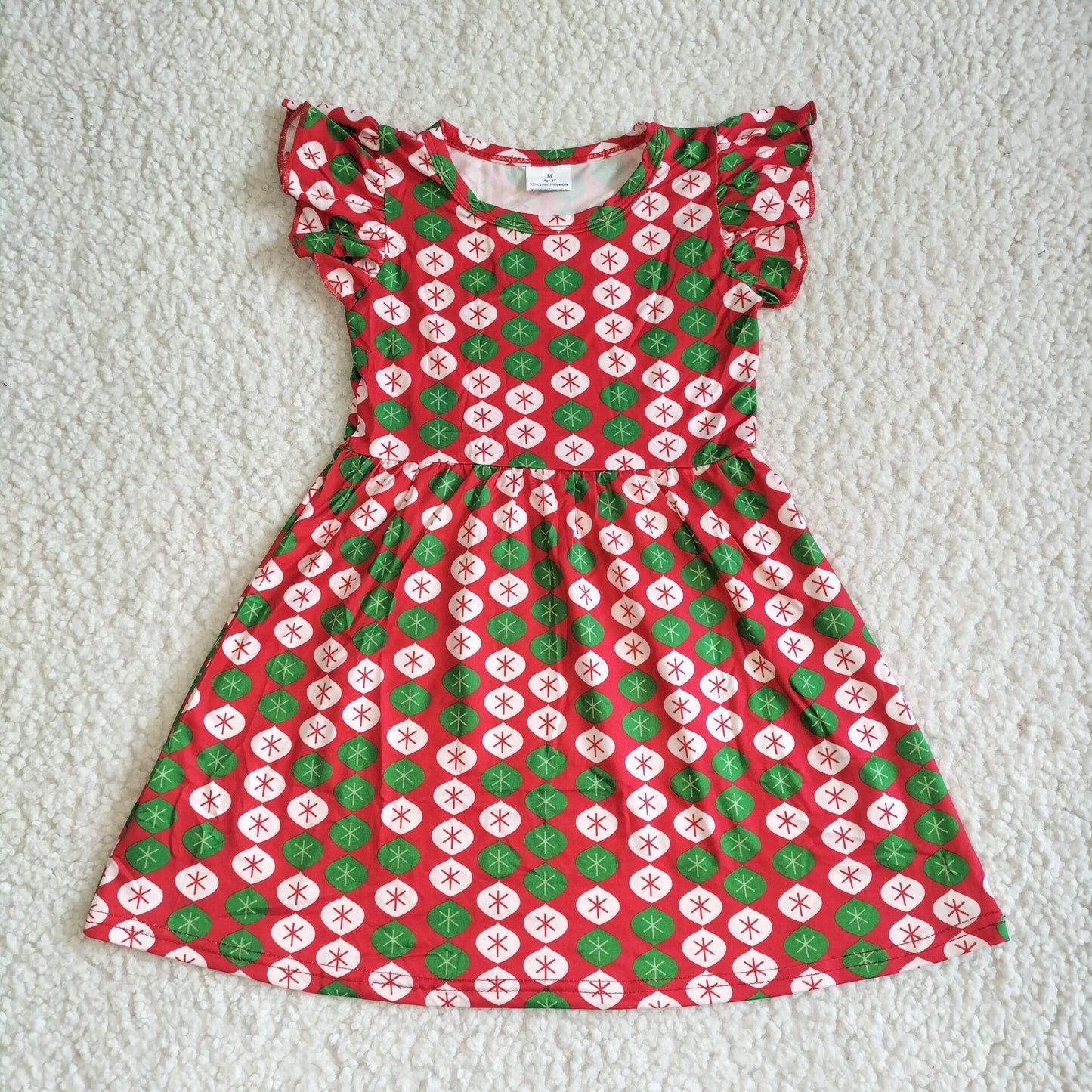 kids baby girls green red Christmas print pearl dresses