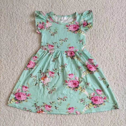 Baby girls blue green floral pearl dresses