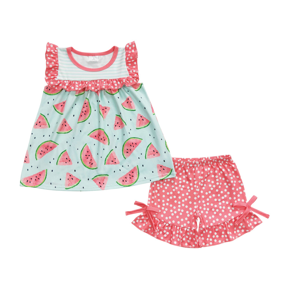 Pink watermelon dots ruffles Shorts sets – Aier Wholesale