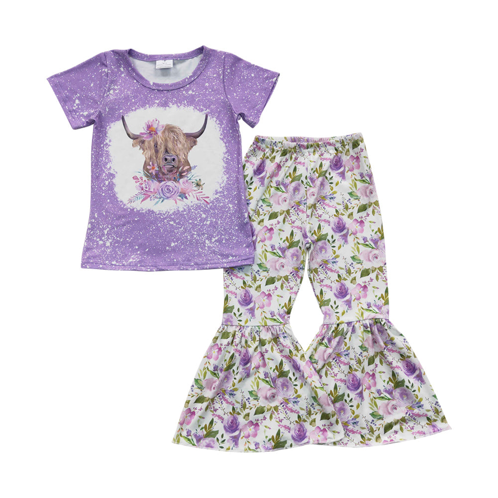 Baby Girls Purple Cow Flower Bell Pants Clothes Sets