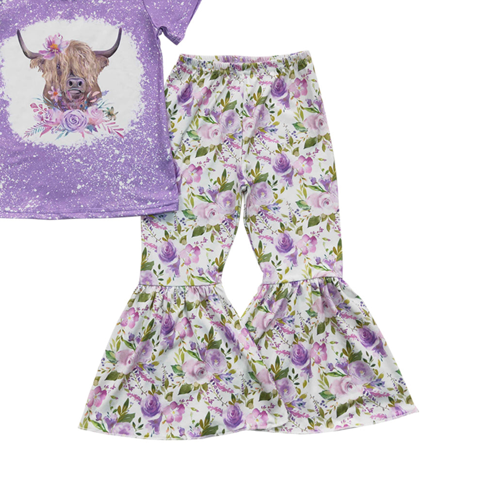 Baby Girls Purple Cow Flower Bell Pants Clothes Sets