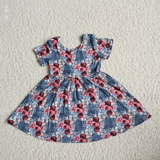 Baby girls blue navy floral pearl dresses