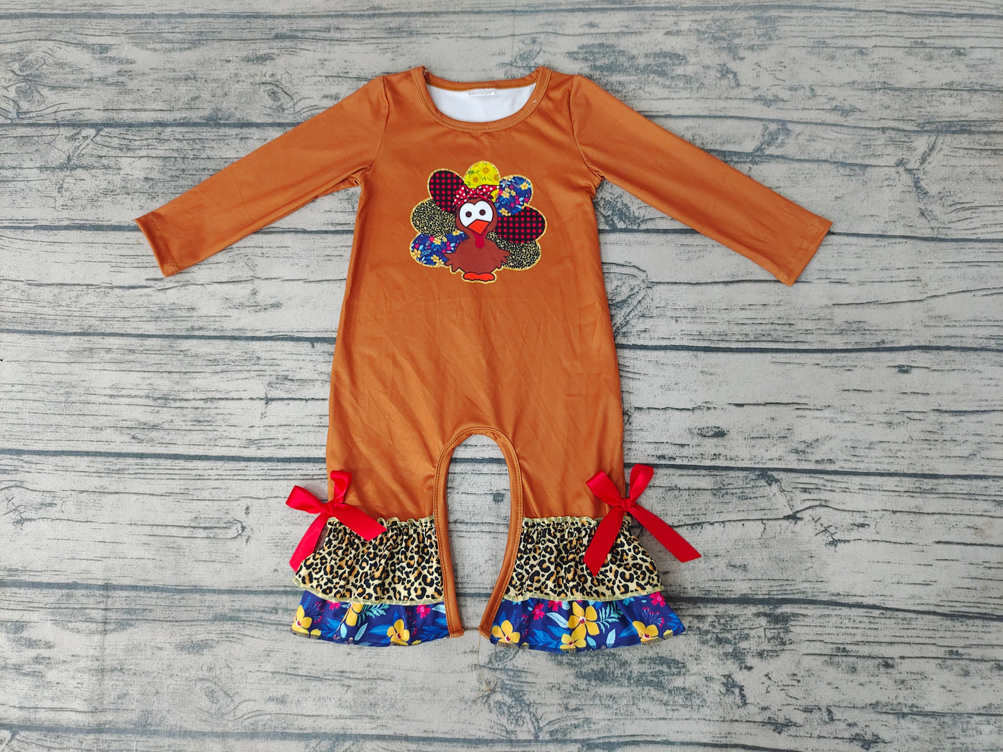 Baby Girls Brown Thanksgiving Turkey Floral Ruffle Rompers