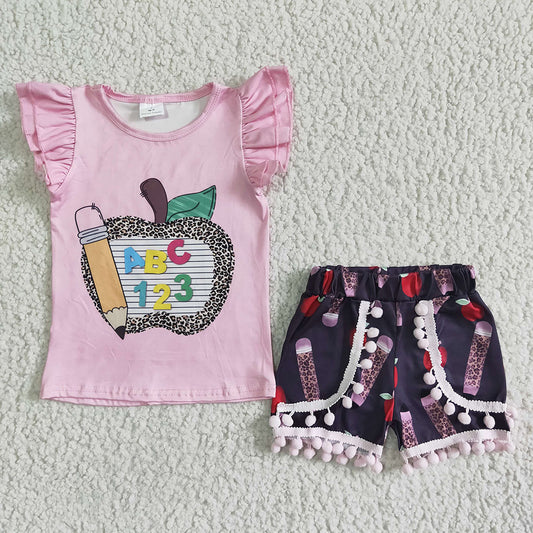 Baby girls back to school apple shorts sets