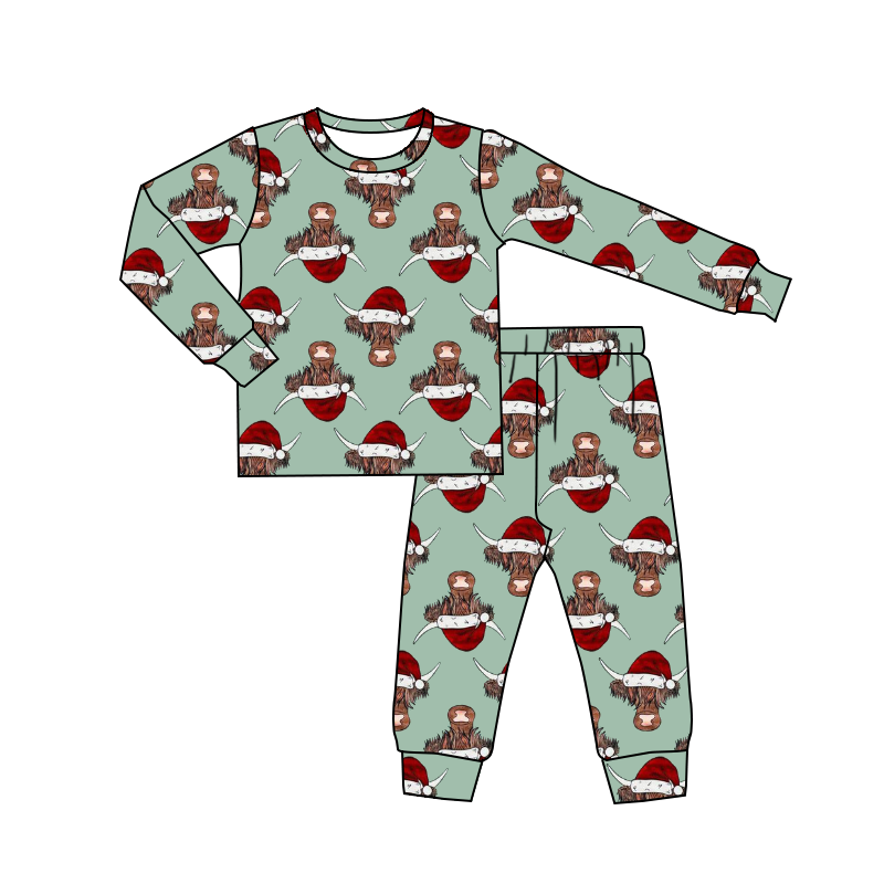 Baby Kids Christmas green cow pajamas clothing sets