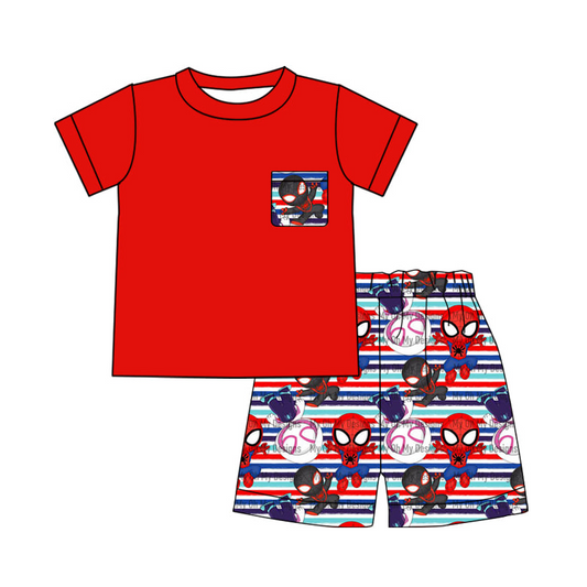 Baby boy cartoon pocket red shorts summer sets