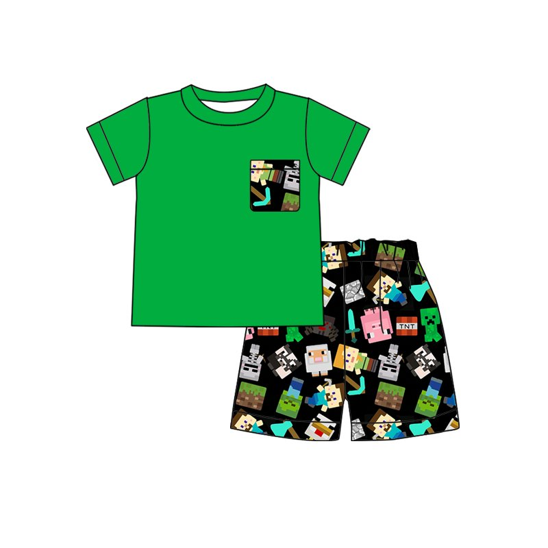 Baby boys cartoon green pocket shorts sets