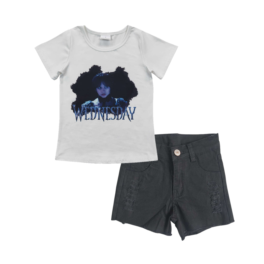 Baby Girls Black Movie Tee Top Denim Shorts clothes sets