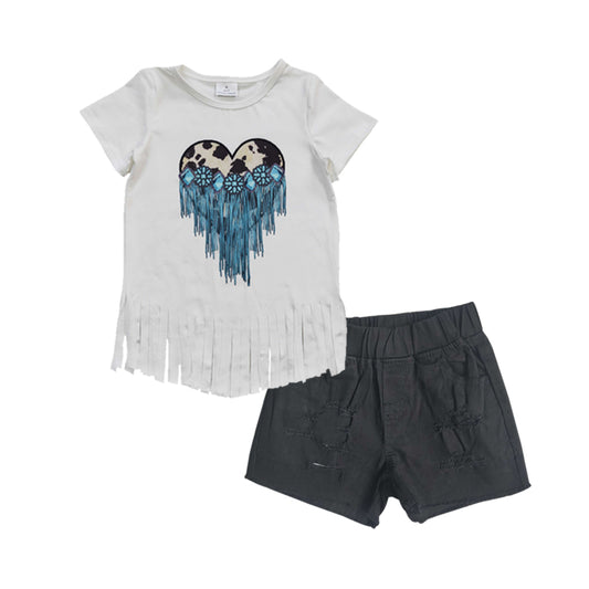 Baby Girls Cow Heart Tee Top Denim Shorts clothes sets