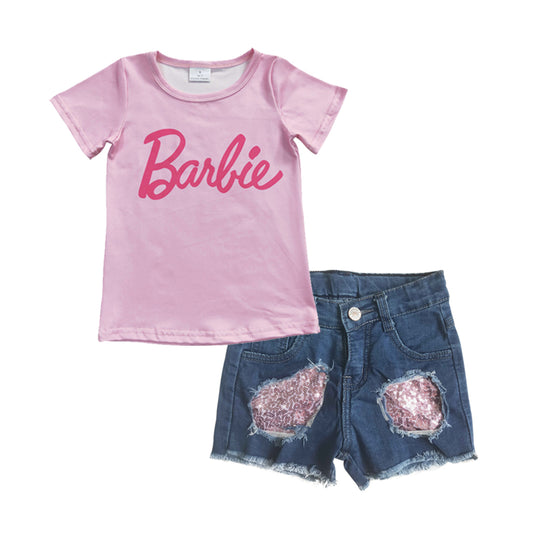 Baby Girls Hotpink Tee Top Denim Shorts clothes sets