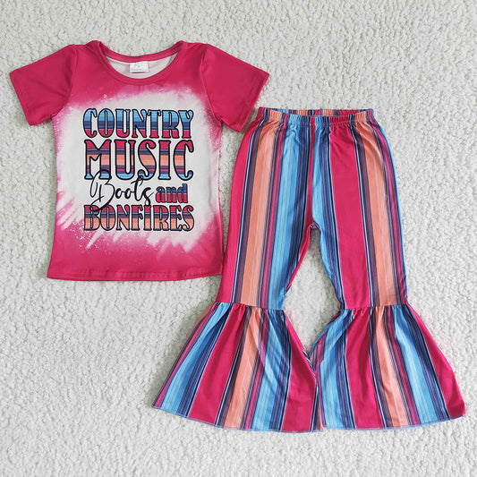 Baby girls country music western shirt top bell pants clothing sets