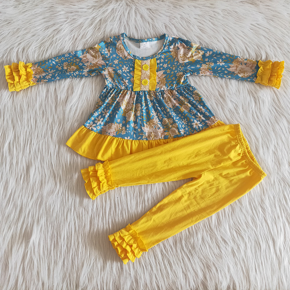 Blue floral mustard legging girls boutique outfits sets