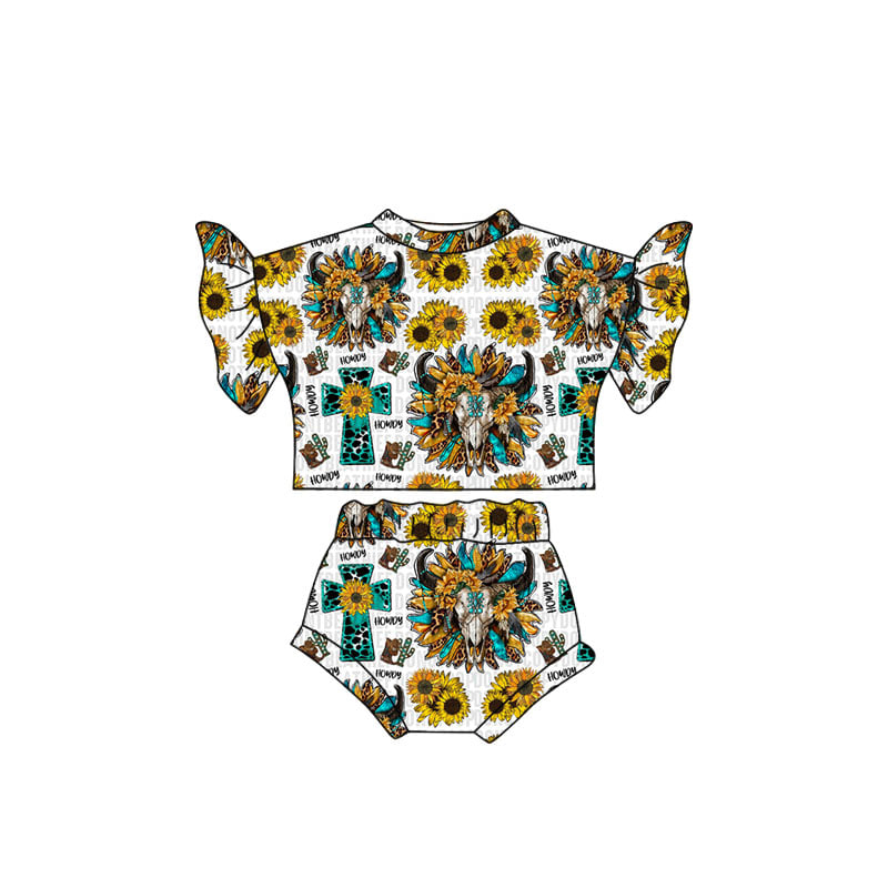 Baby girls western sunflower cow skull bummie sets