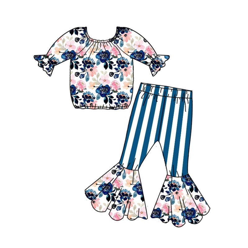 Baby Girls navy floral off shoulder top bell pants outfits sets