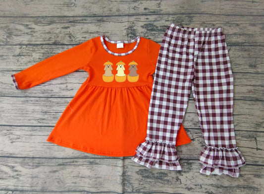 Baby girls fall dog pumpkin ruffle pants sets