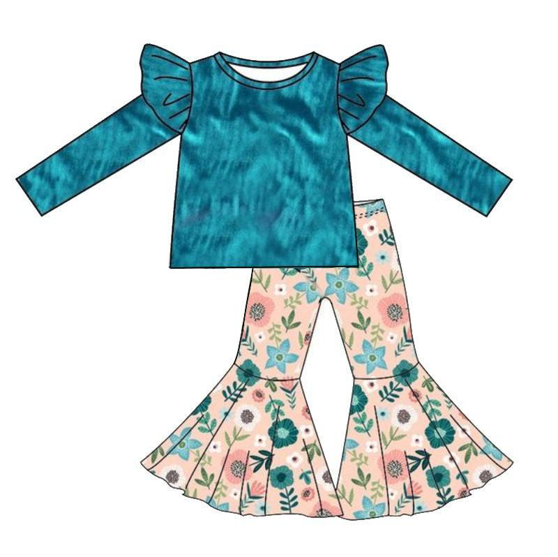 Baby Girls fall blue velvet tops bell pants clothing sets