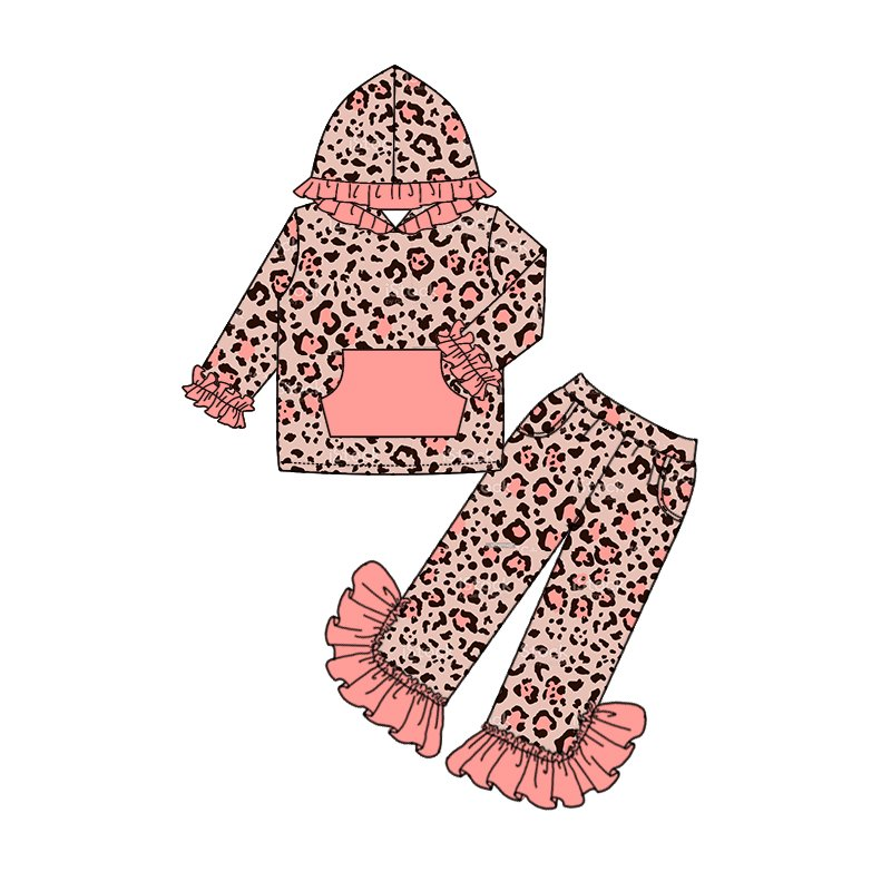 baby girls pink leopard hood top ruffle pants sets