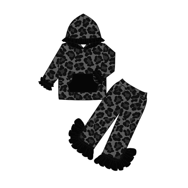baby girls black leopard hood top ruffle pants sets