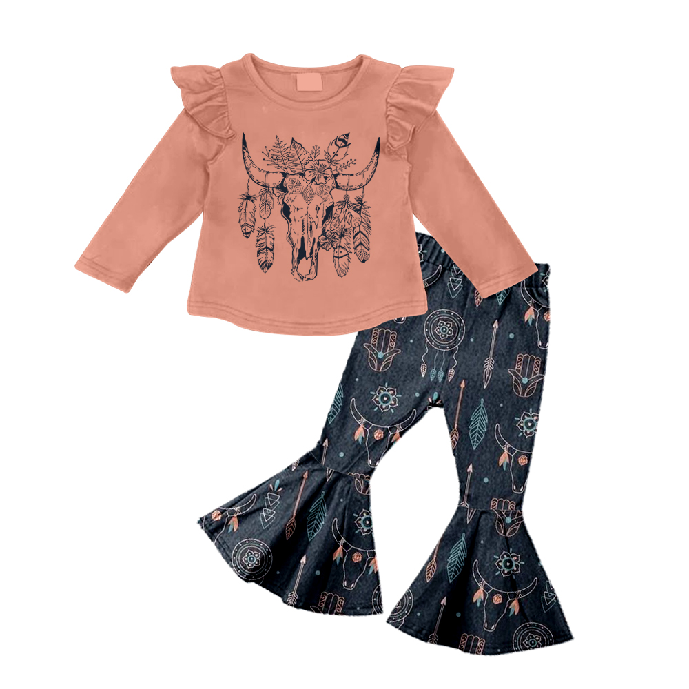 Baby girls fall pink cow skull bell pants sets