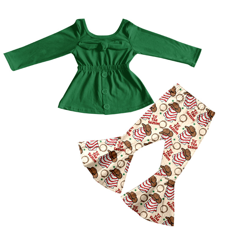 baby girls Christmas green top season bell pants sets